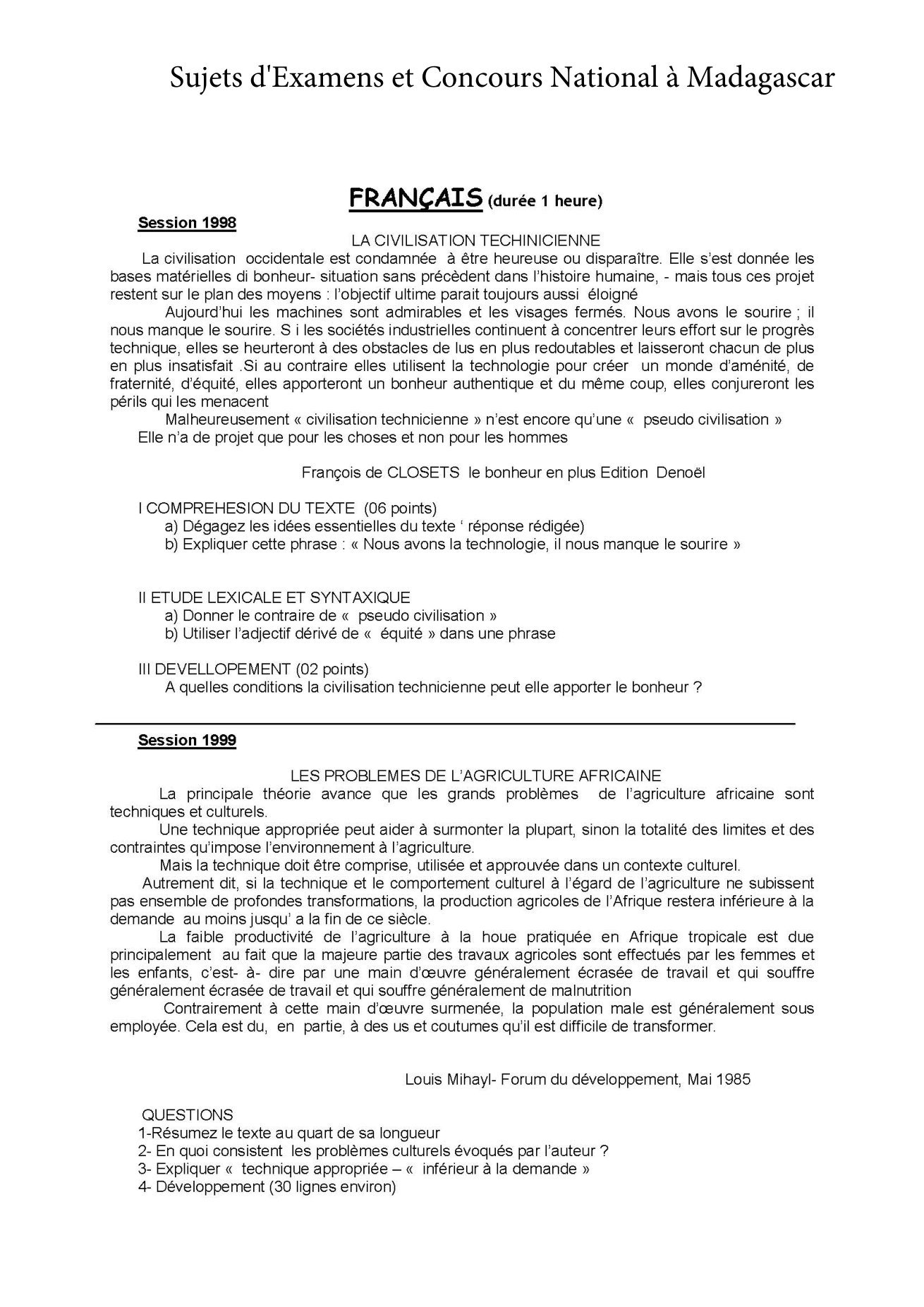 Sujet français concours Agro ESSA Tana session 1998