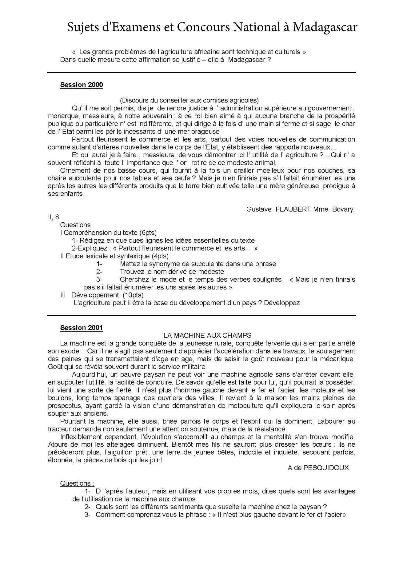 Sujet français concours Agro ESSA Tana session 2001 page 1
