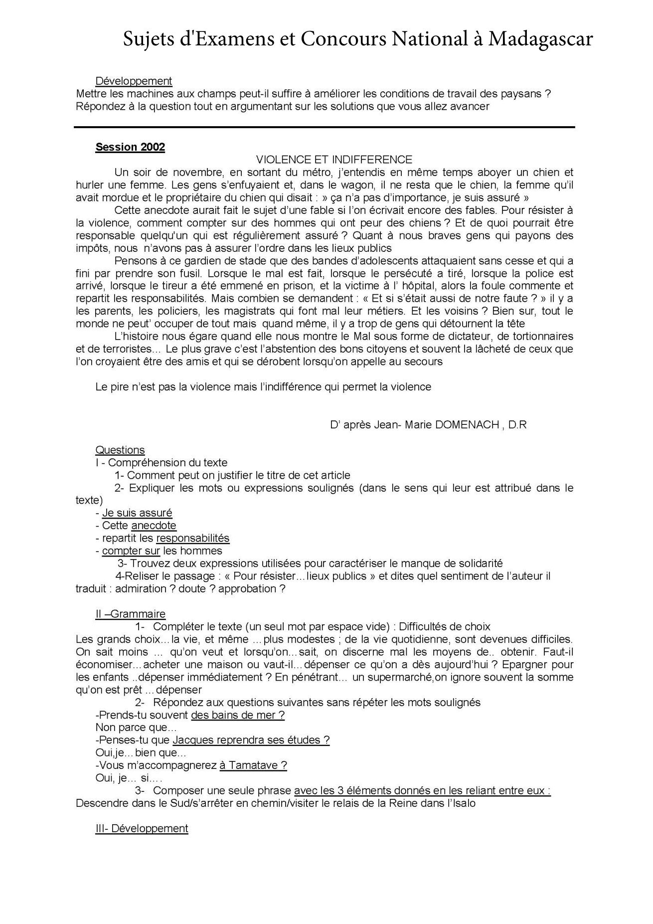 Sujet français concours Agro ESSA Tana session 2001 page 2