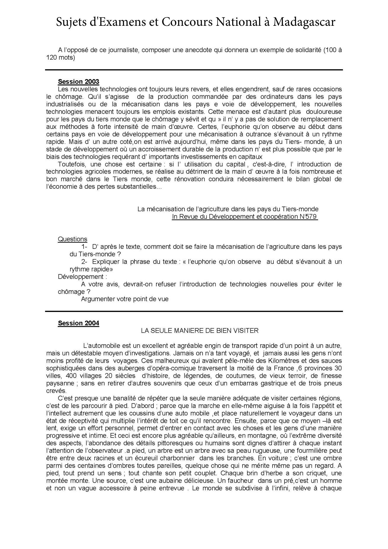 Sujet français concours Agro ESSA Tana session 2004 page 1