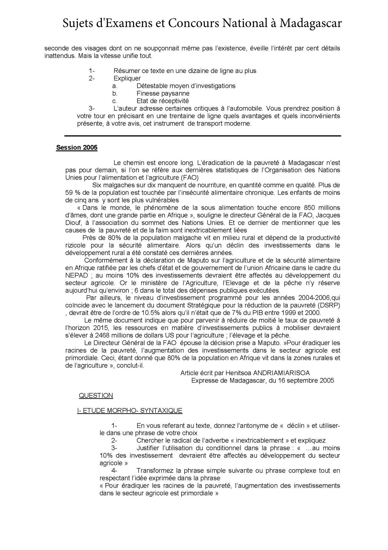 Sujet français concours Agro ESSA Tana session 2005 page 1