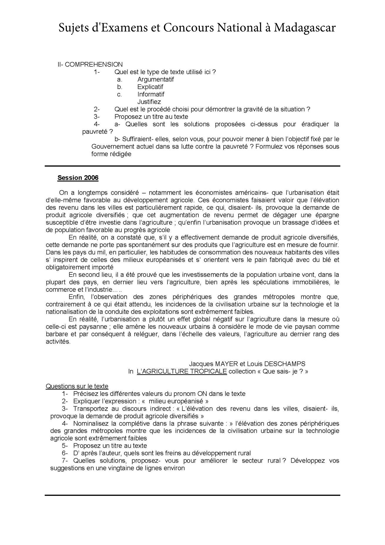 Sujet français concours Agro ESSA Tana session 2005 page 2