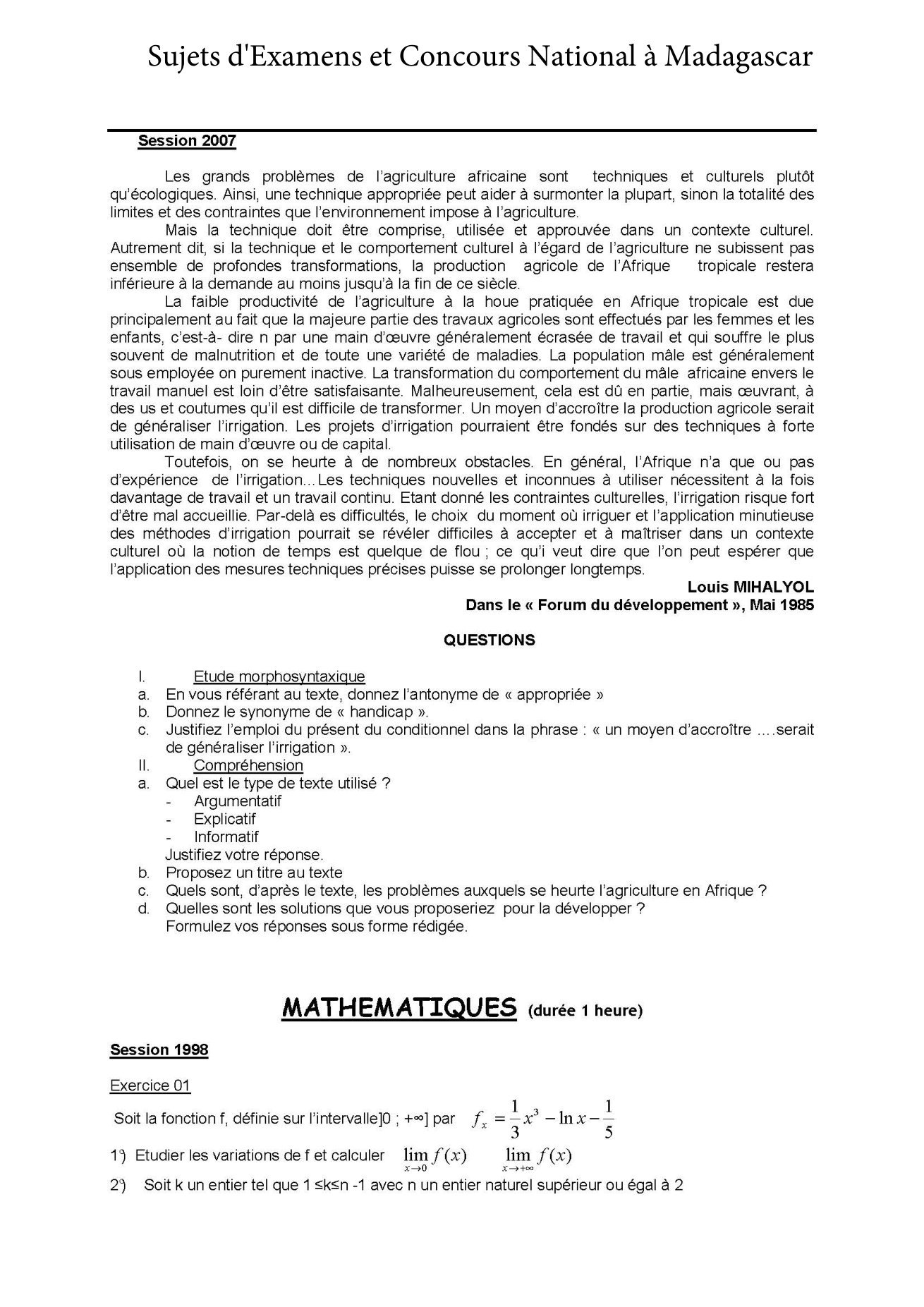 Sujet mathématiques concours Agro ESSA Tana session 1998 page 1
