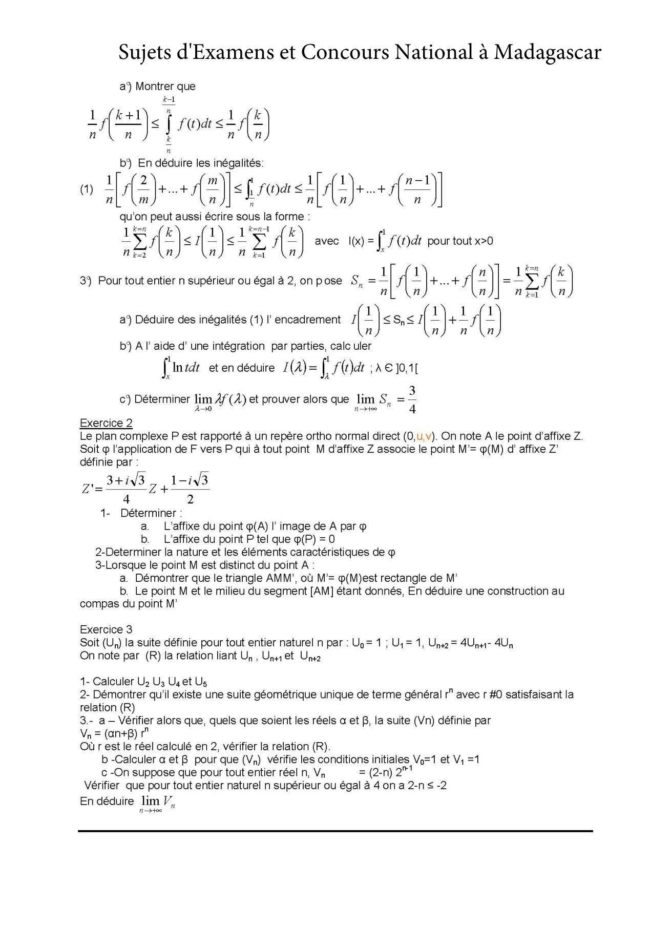 Sujet mathématiques concours Agro ESSA Tana session 1998 page 2