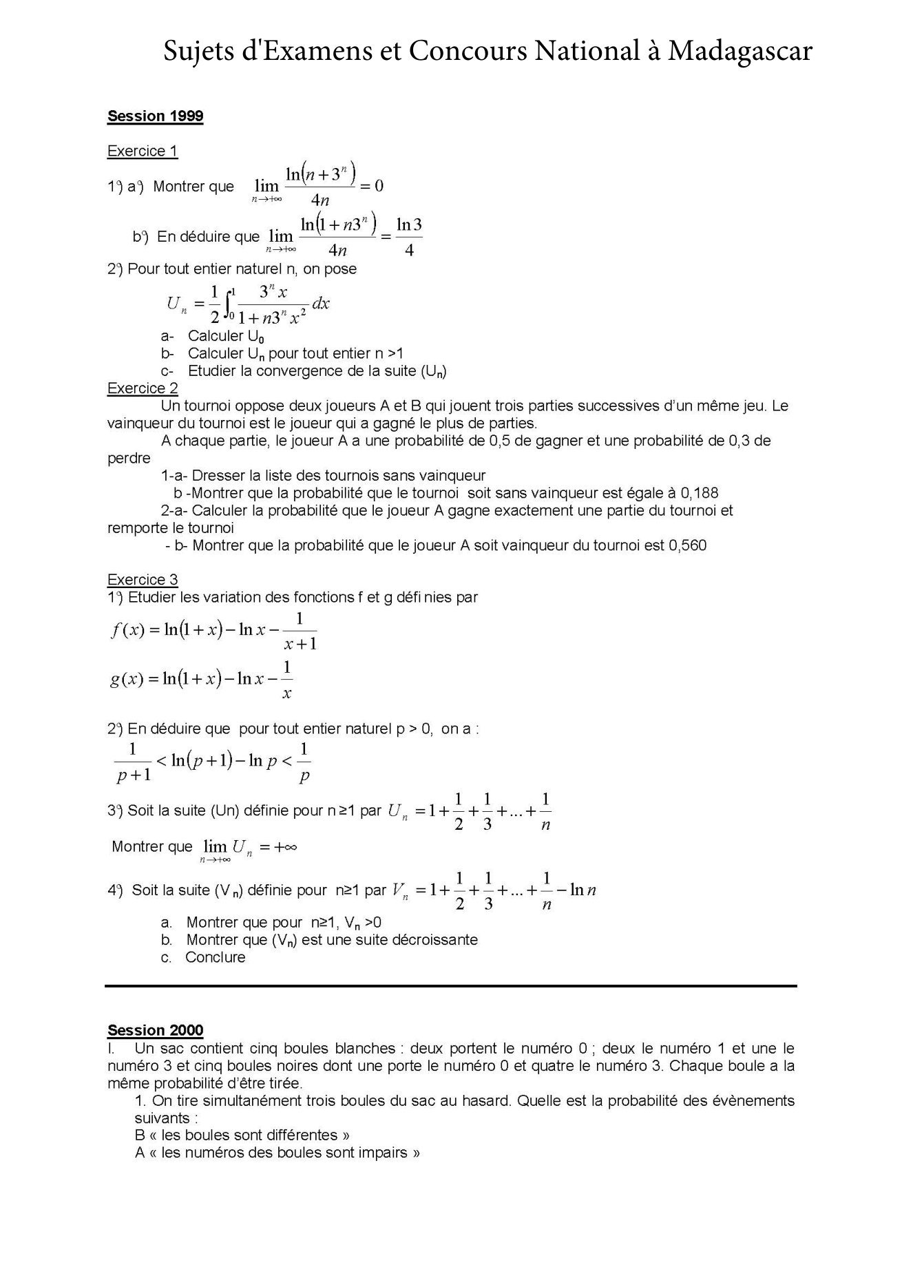 Sujet mathématiques concours Agro ESSA Tana session 2000 page 1