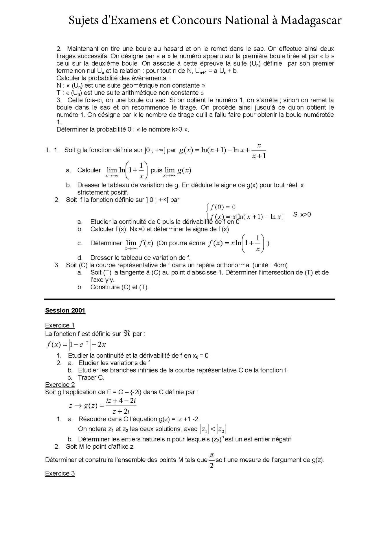 Sujet mathématiques concours Agro ESSA Tana session 2000 page 2