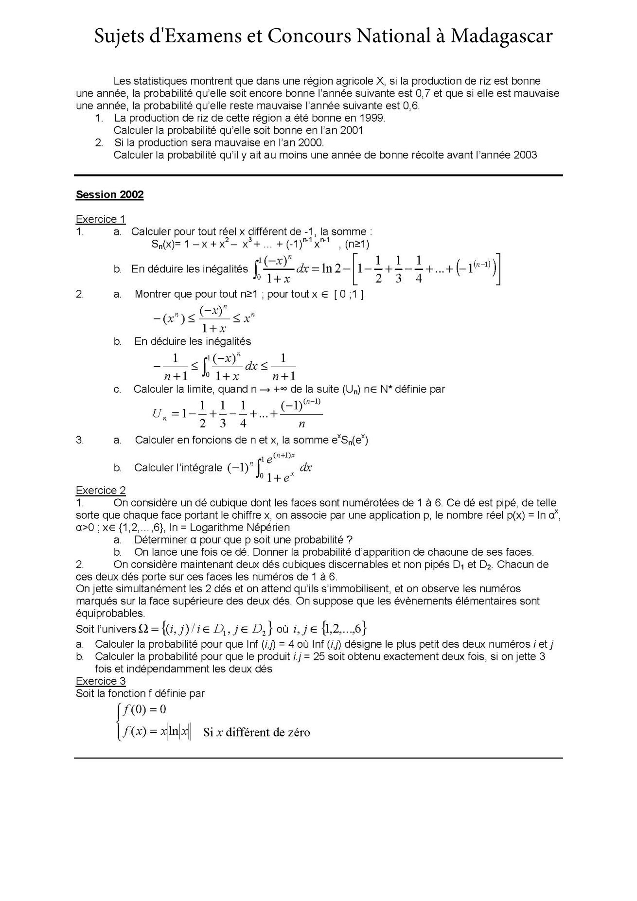 Sujet mathématiques concours Agro ESSA Tana session 2001 page 2