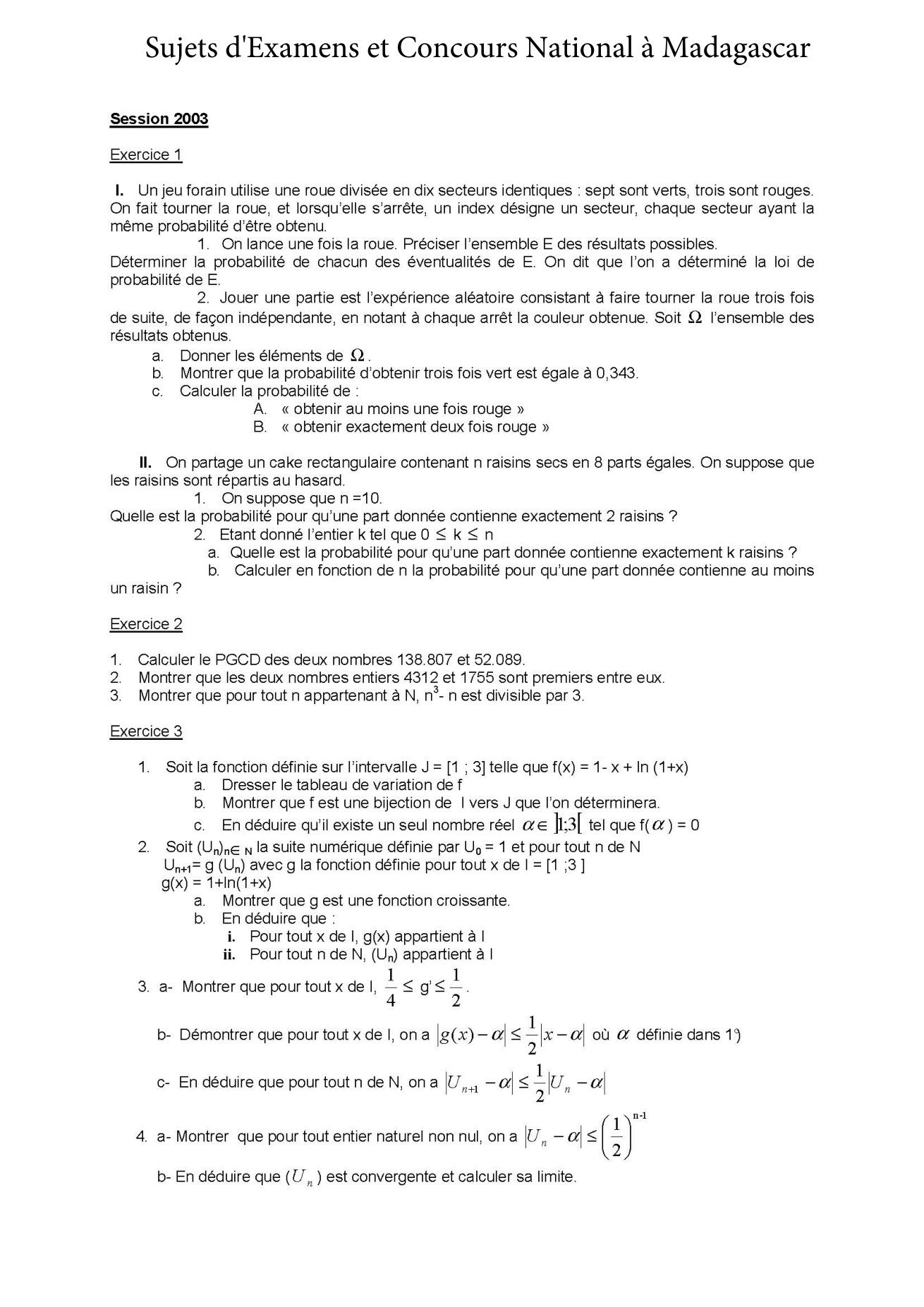 Sujet mathématiques concours Agro ESSA Tana session 2002 page 2