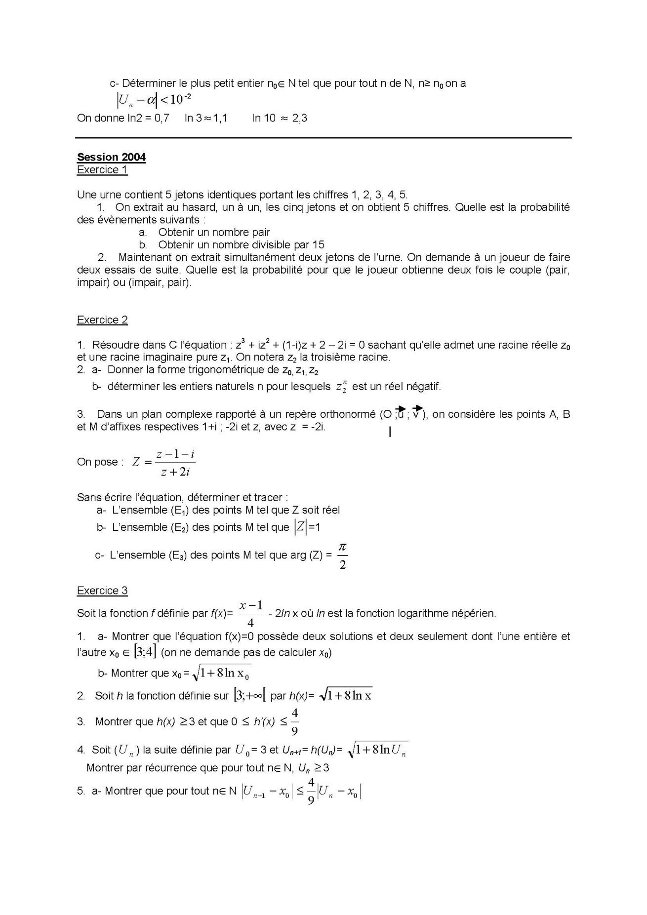 Sujet mathématiques concours Agro ESSA Tana session 2003 page 2