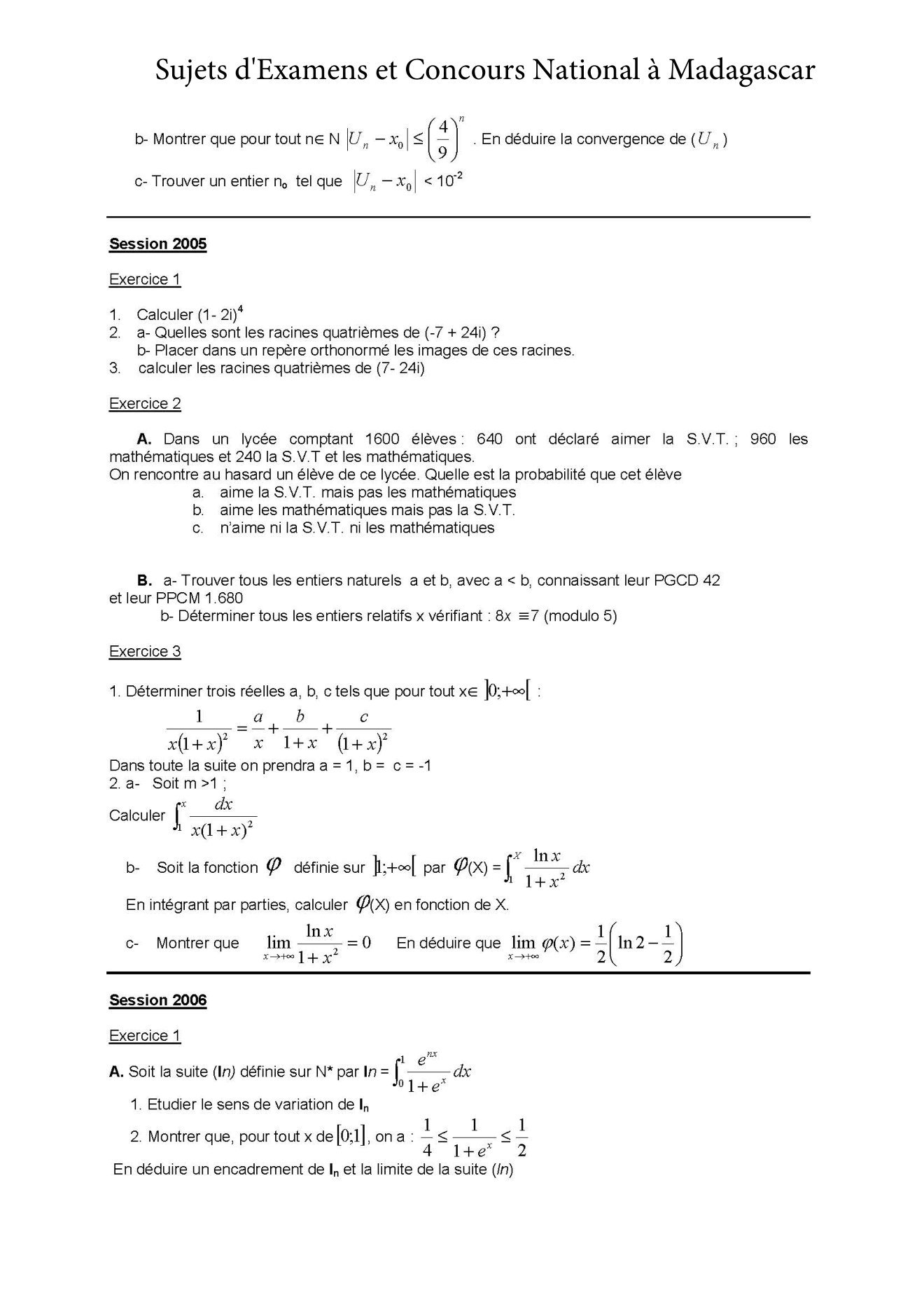 Sujet mathématiques concours Agro ESSA Tana session 2004 page 2