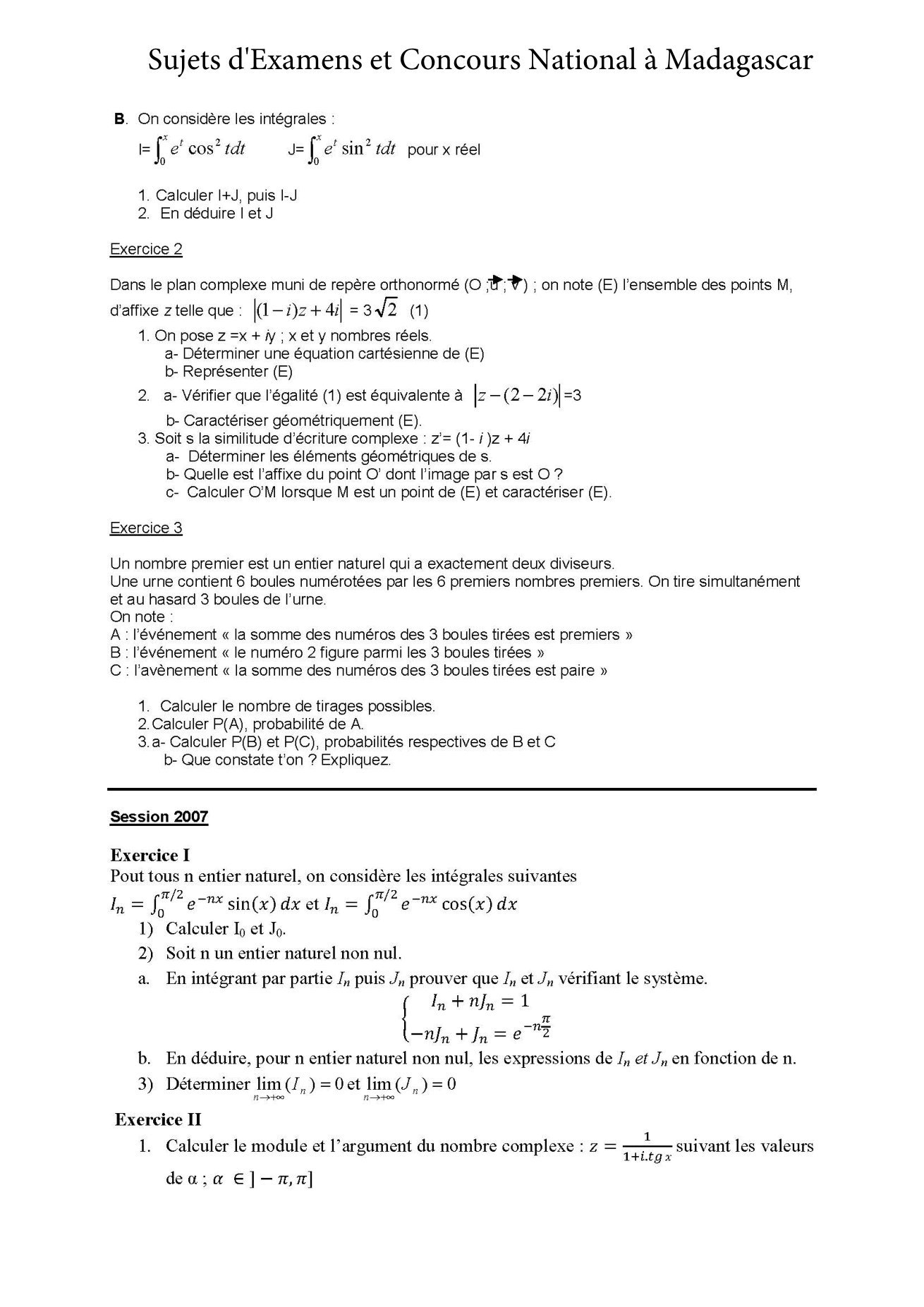 Sujet mathématiques concours Agro ESSA Tana session 2007 page 1