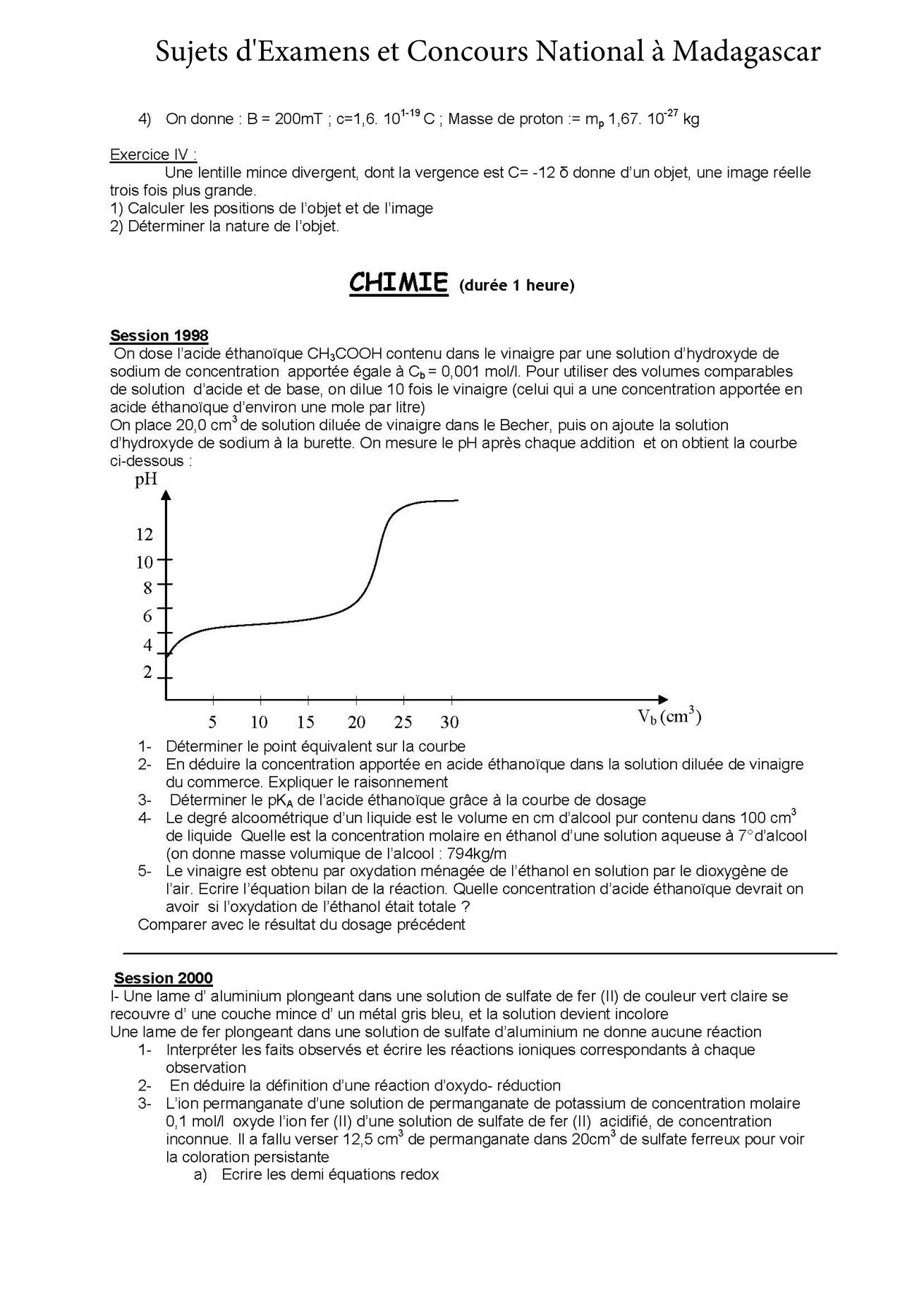 Sujet chimie concours Agro ESSA Tana session 1998