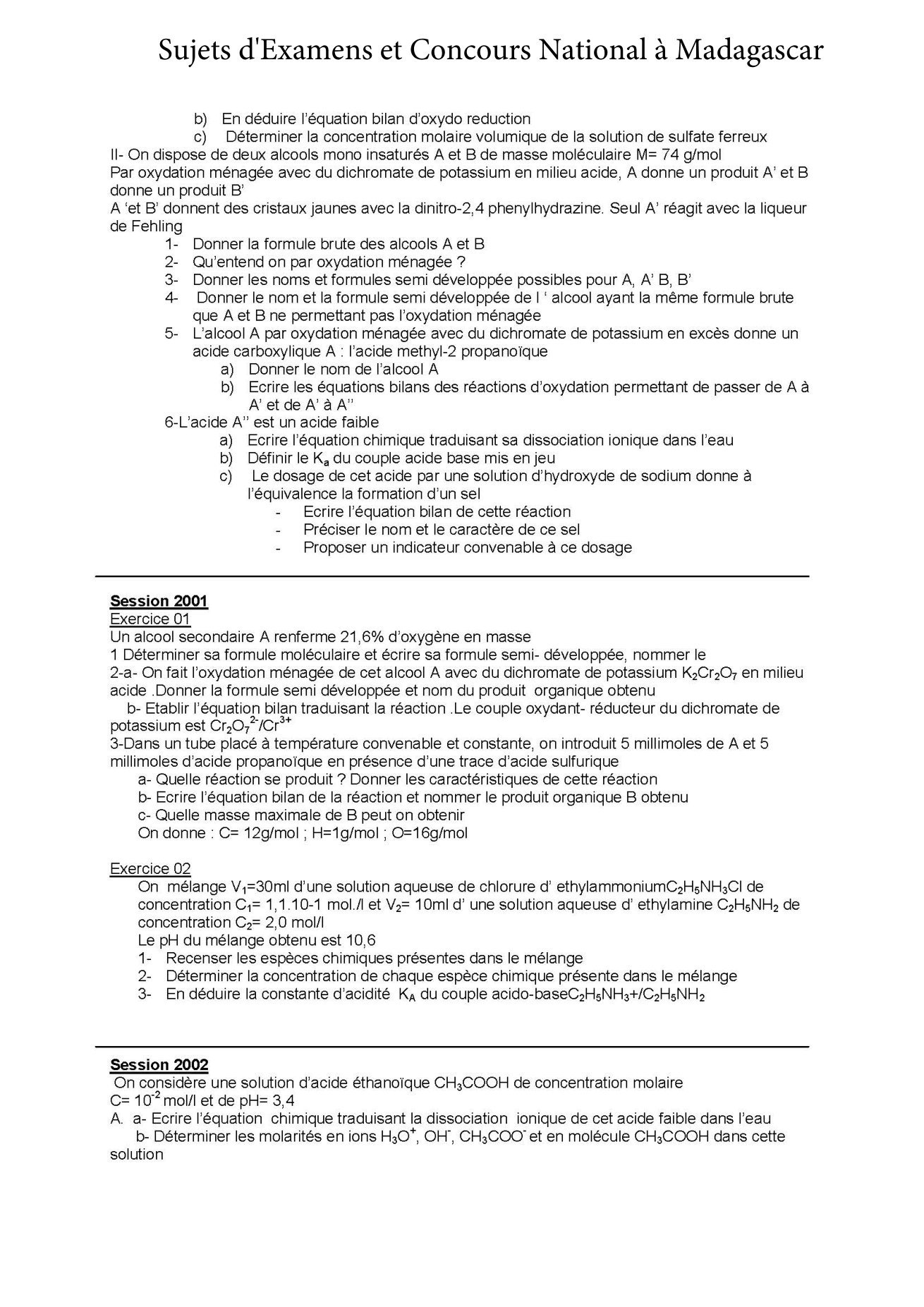 Sujet chimie concours Agro ESSA Tana session 2000 page 2