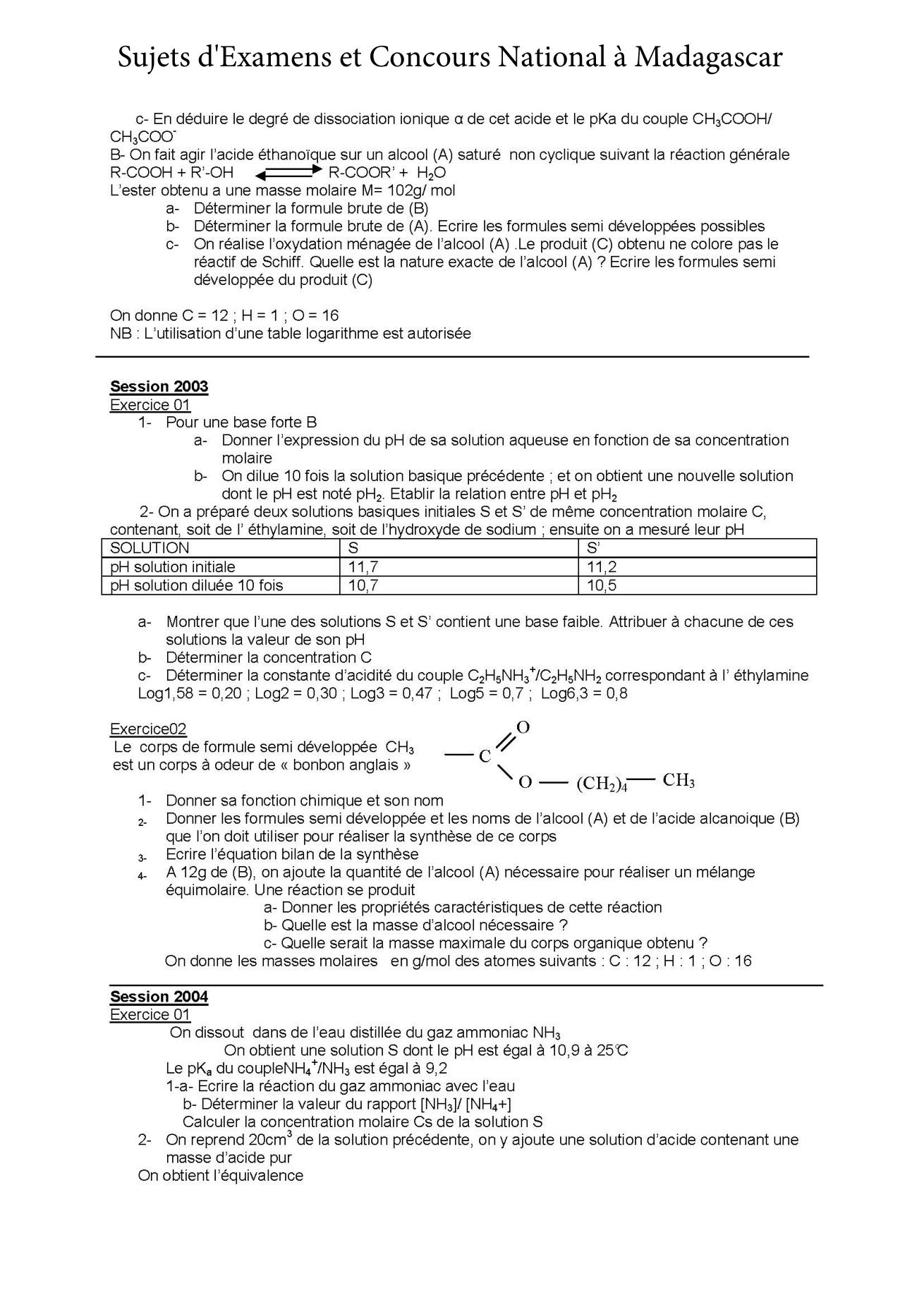 Sujet chimie concours Agro ESSA Tana session 2004 page 1