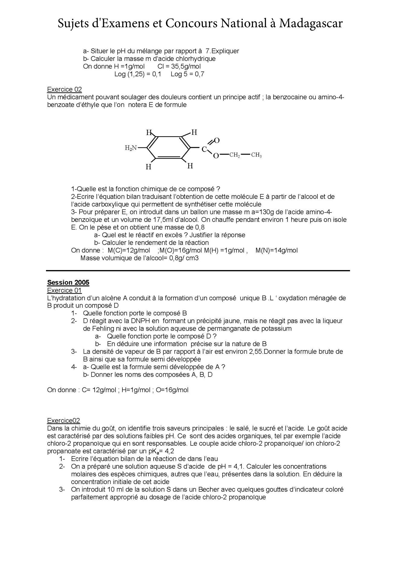 Sujet chimie concours Agro ESSA Tana session 2004 page 2