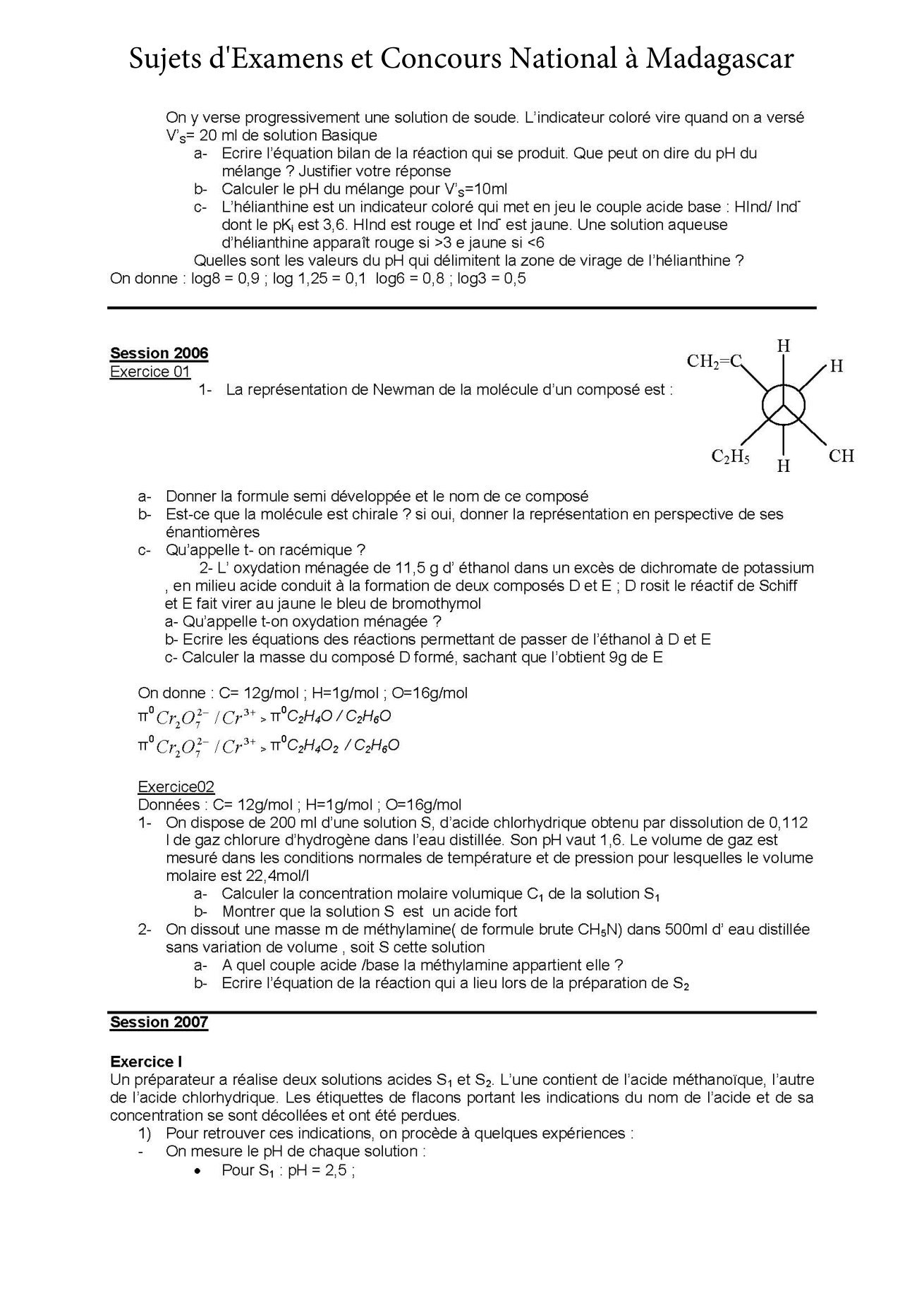 Sujet chimie concours Agro ESSA Tana session 2007 page 1