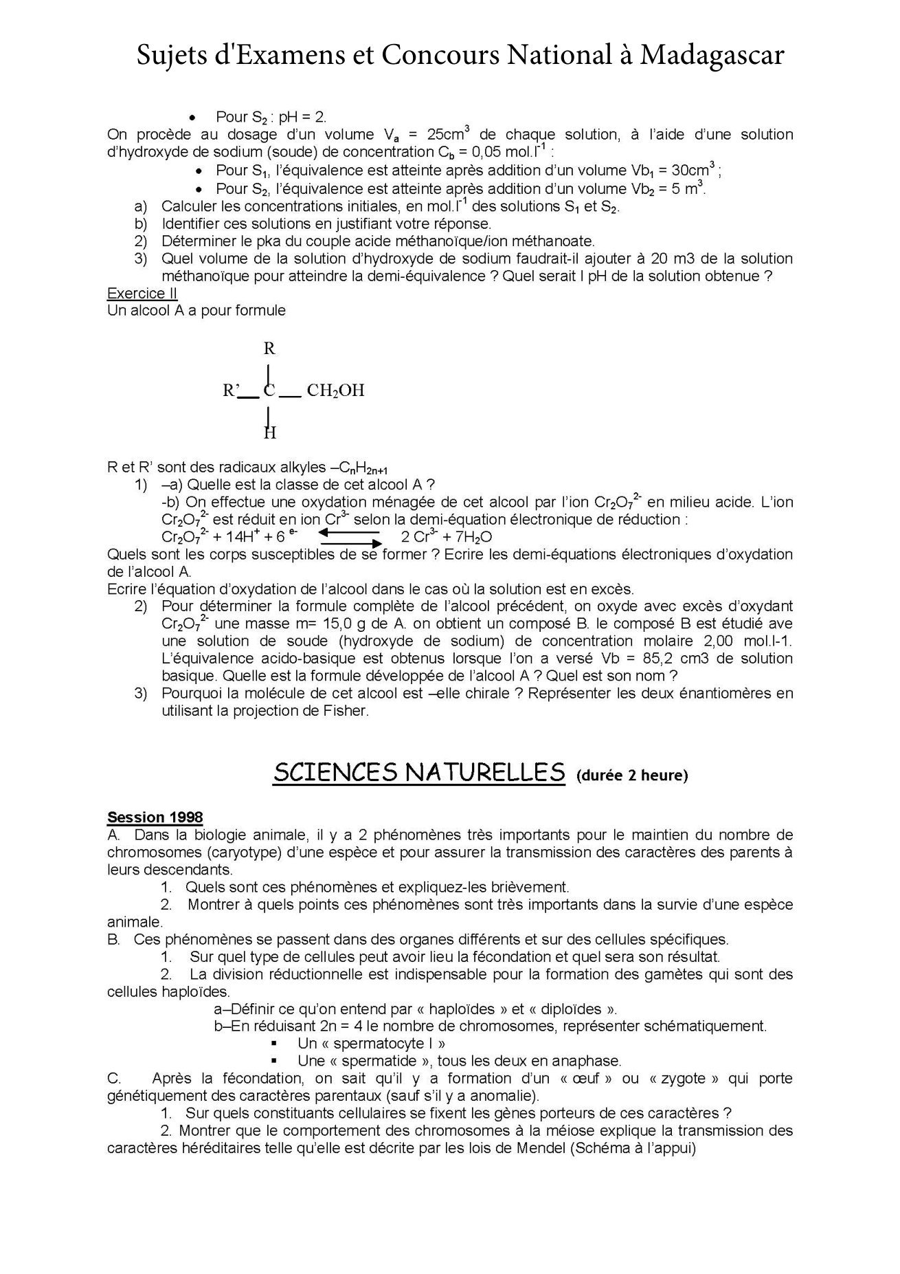 Sujet chimie concours Agro ESSA Tana session 2007 page 2