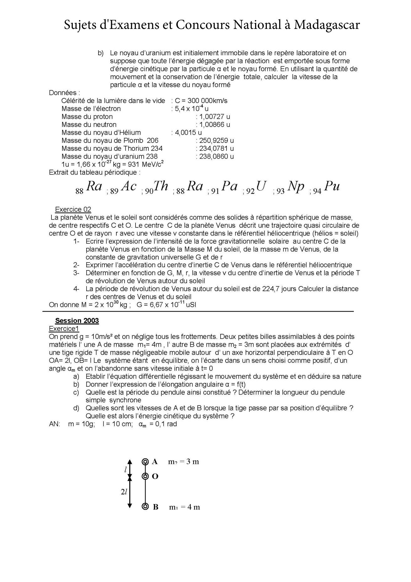 Sujet physique concours Agro ESSA Tana session 2003 page 1
