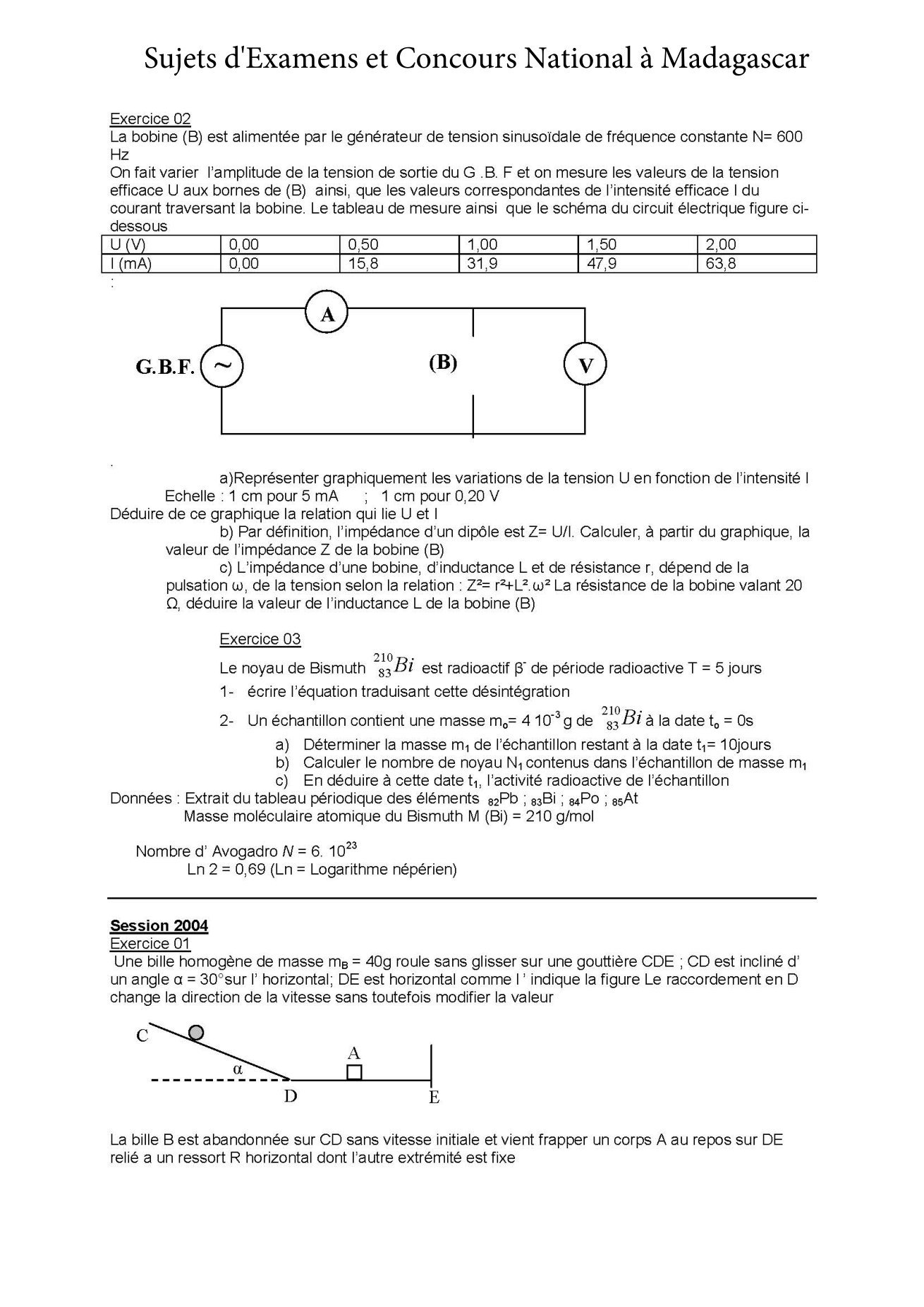 Sujet physique concours Agro ESSA Tana session 2004 page 1