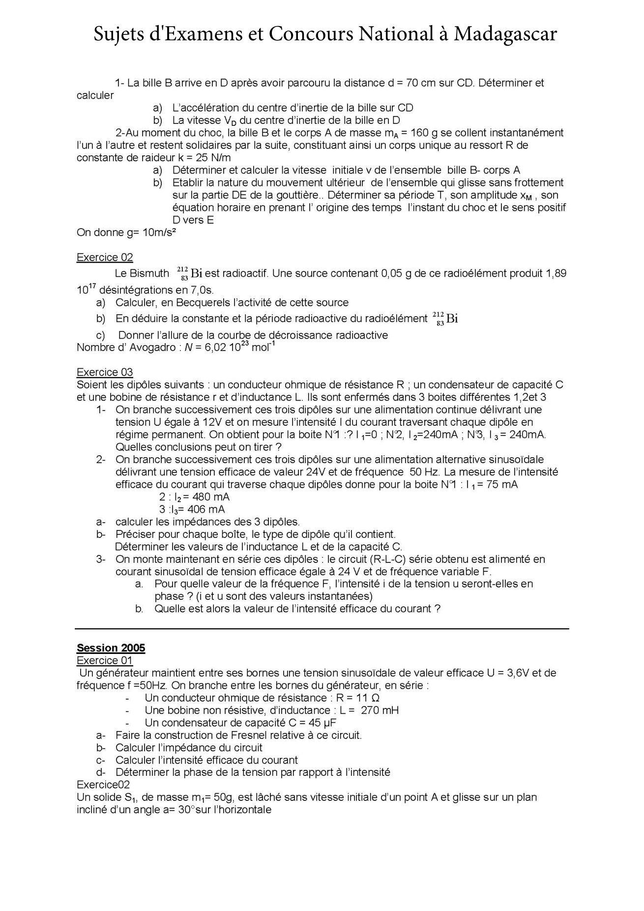 Sujet physique concours Agro ESSA Tana session 2004 page 2