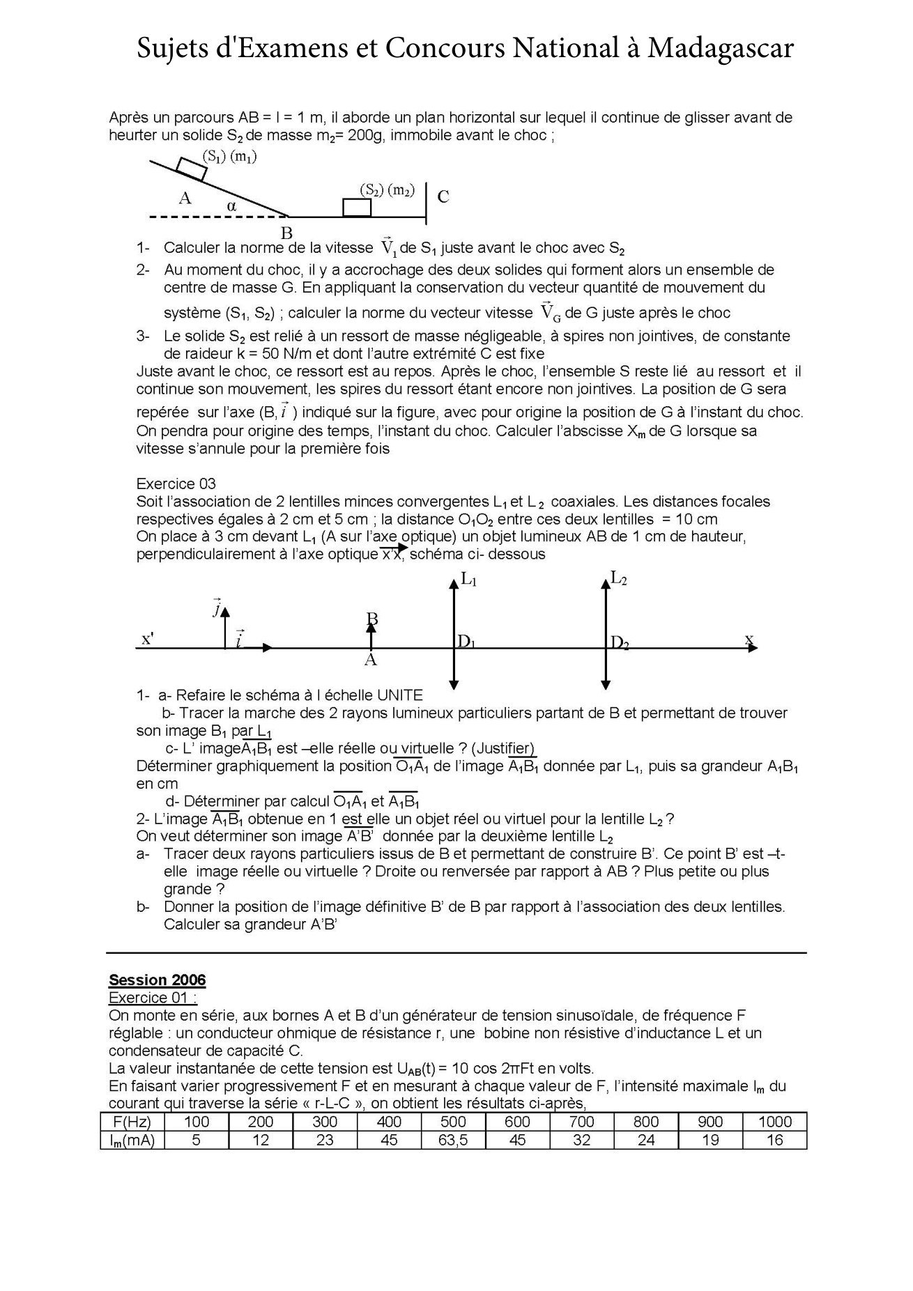 Sujet physique concours Agro ESSA Tana session 2006 page 1