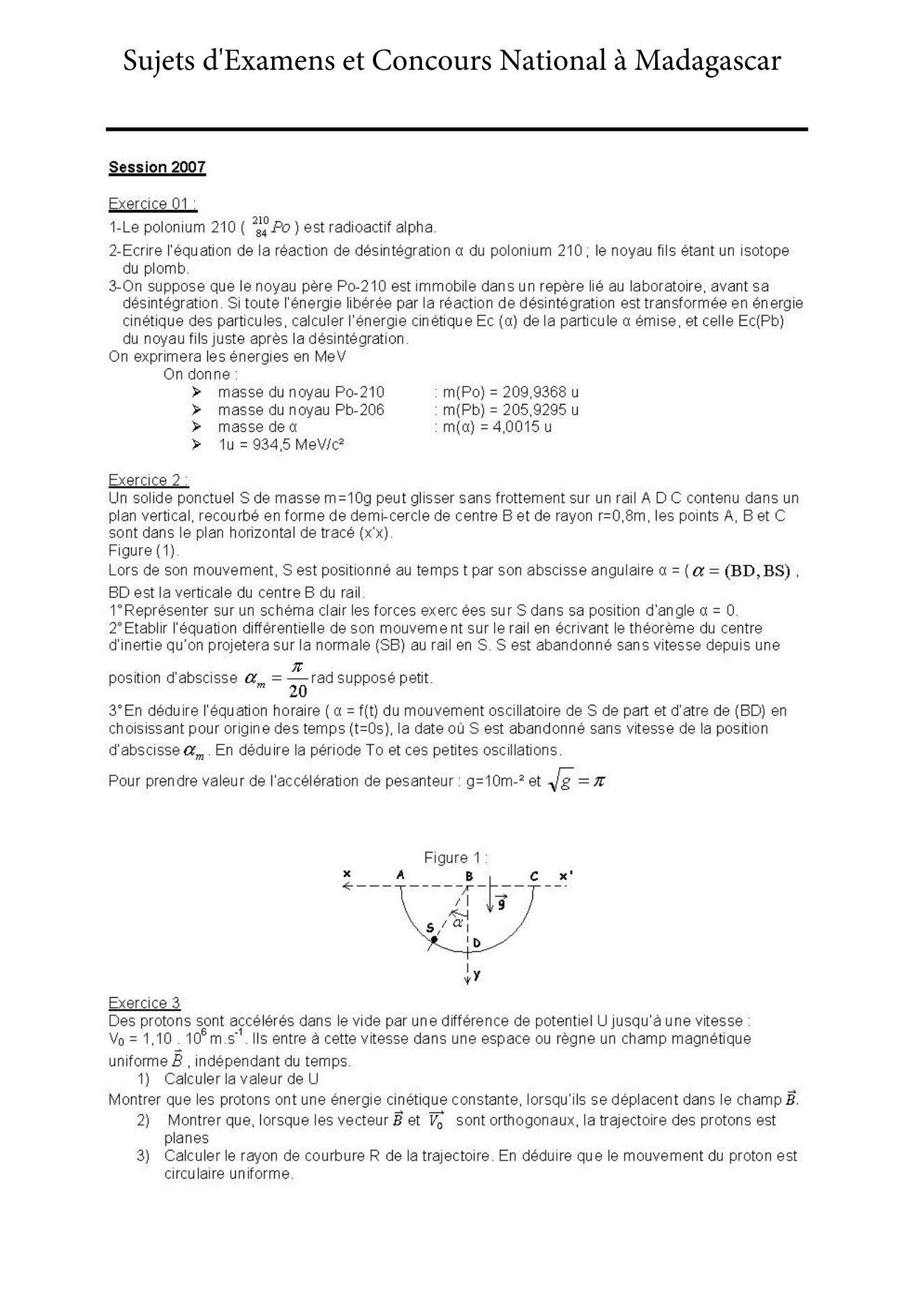 Sujet physique concours Agro ESSA Tana session 2007 page 1