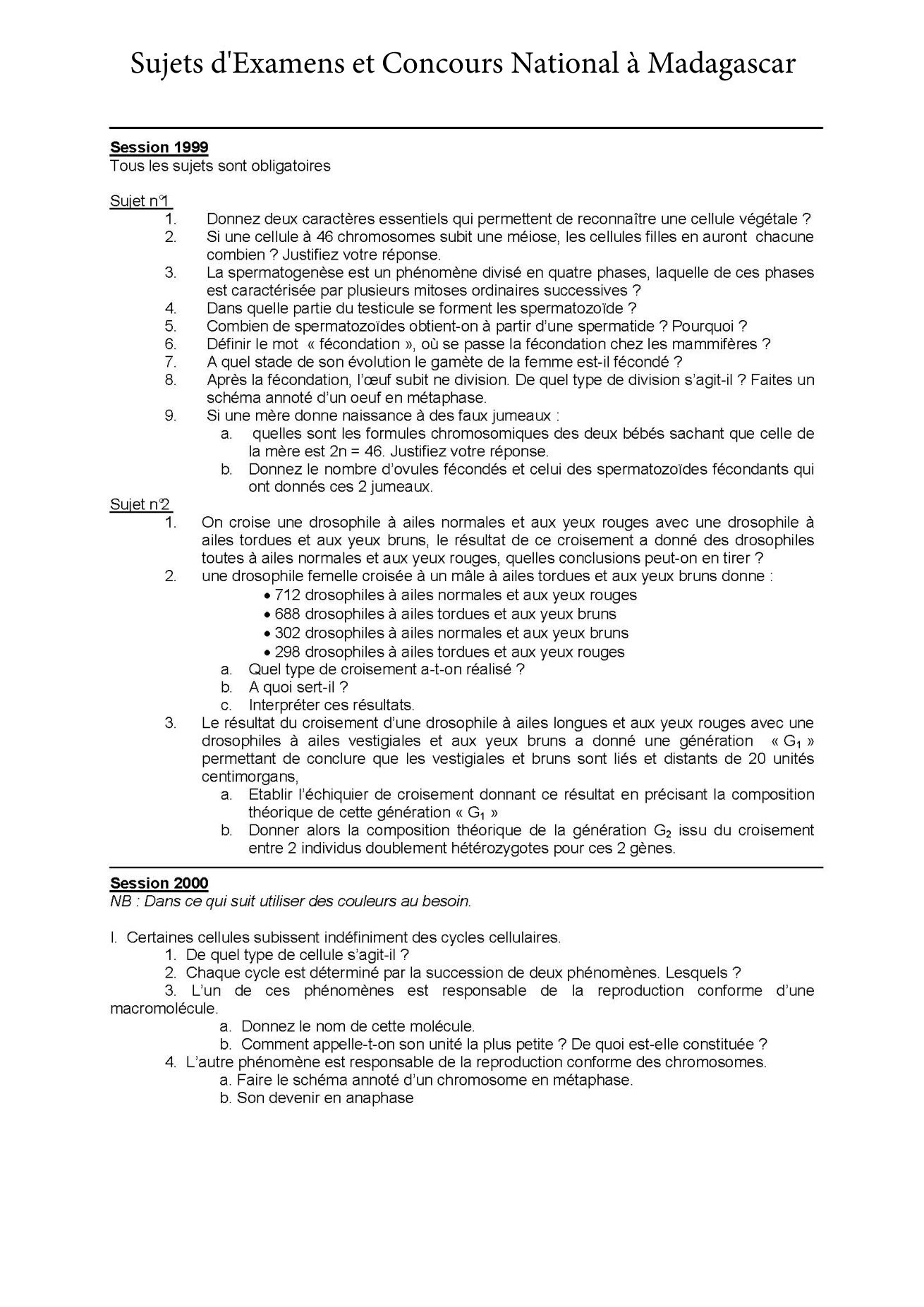 Sujet sciences naturelles concours Agro ESSA Tana session 2000 page 1