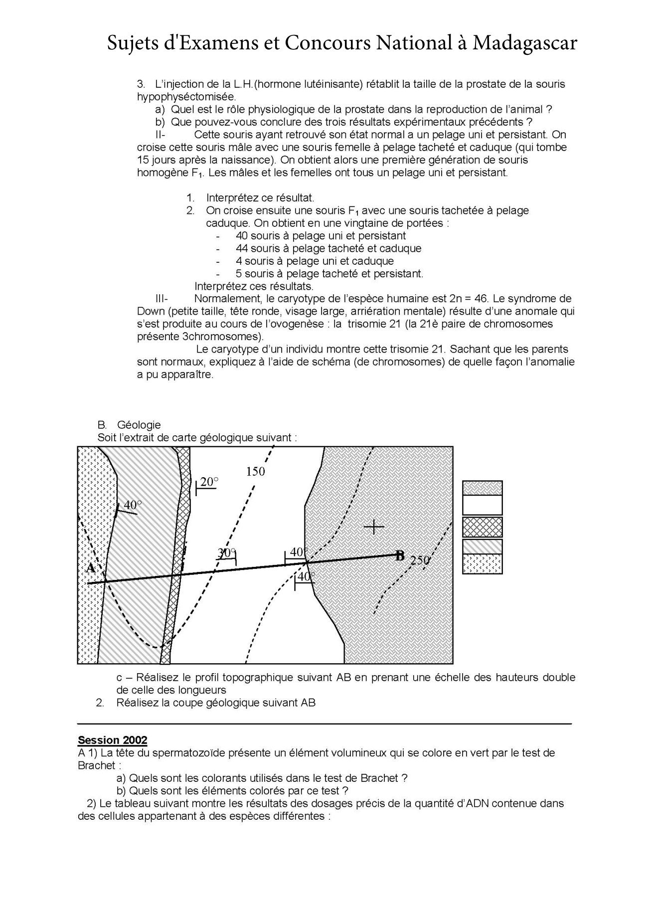 Sujet sciences naturelles concours Agro ESSA Tana session 2002 page 1