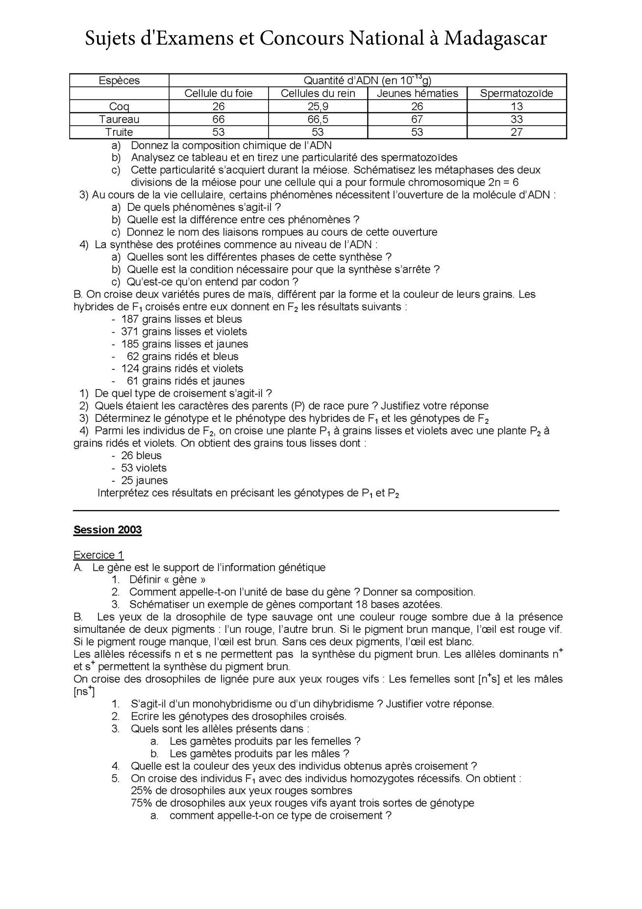 Sujet sciences naturelles concours Agro ESSA Tana session 2003 page 1