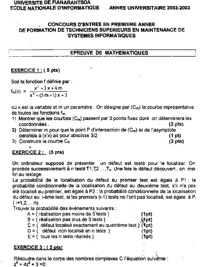 Concours ENI 2002, épreuve de mathématiques : page 1 du sujet original (exercices 1 à 3)