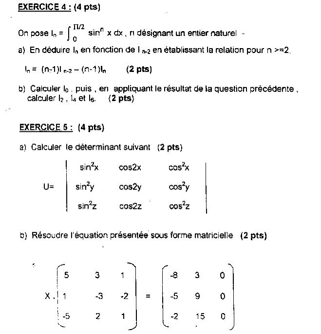 Concours ENI 2002, épreuve de mathématiques : page 2 du sujet original (exercices 4 et 5)