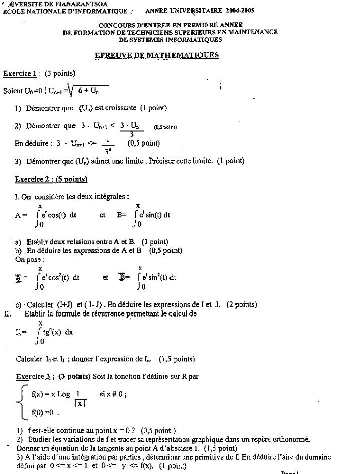 Concours ENI 2004, épreuve de mathématiques : page 1 du sujet original (exercices 1 à 3)