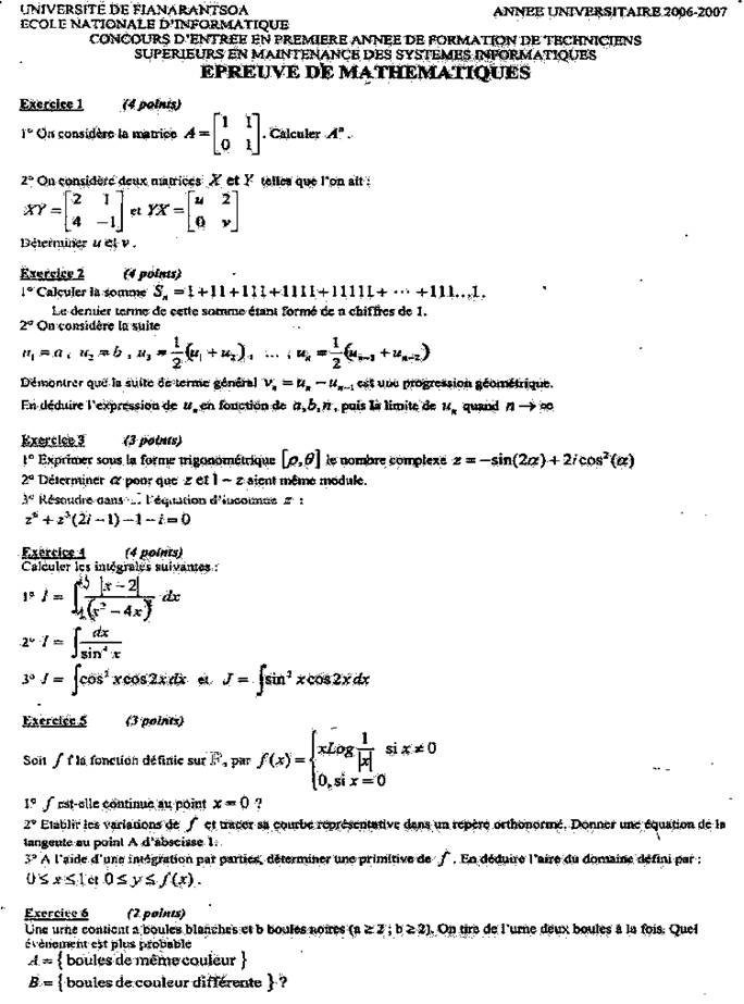 Concours ENI 2006, épreuve de mathématiques : sujet original (exercices 1 à 6)