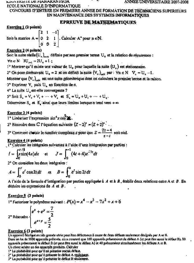 Concours ENI 2007, épreuve de mathématiques : sujet original (exercices 1 à 6)