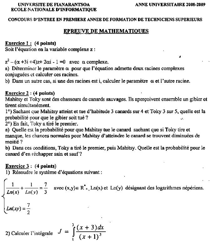 Concours ENI 2008, épreuve de mathématiques : page 1 du sujet original (exercices 1 à 3)