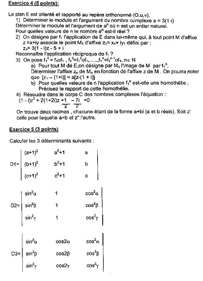 Concours ENI, épreuve de mathématiques : page conservée du sujet original (exercices 4 et 5)
