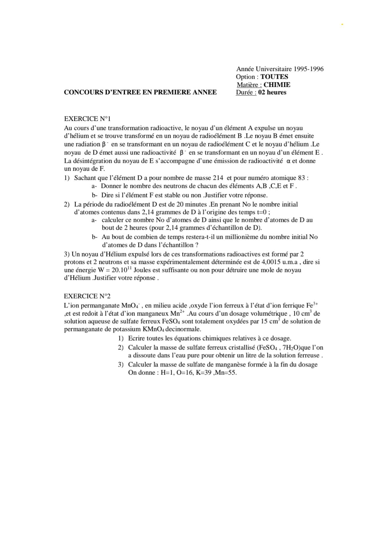 Sujet chimie concours ESPA Polytechnique Antananarivo session 1995