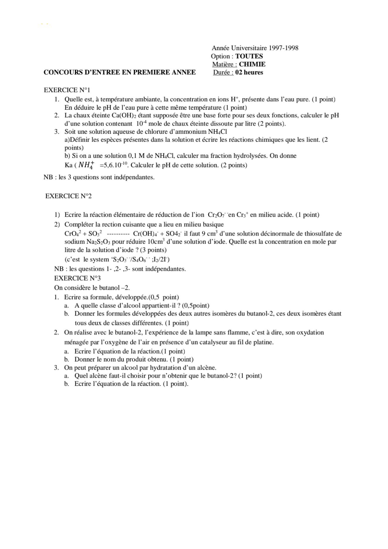 Sujet chimie concours ESPA Polytechnique Antananarivo session 1997
