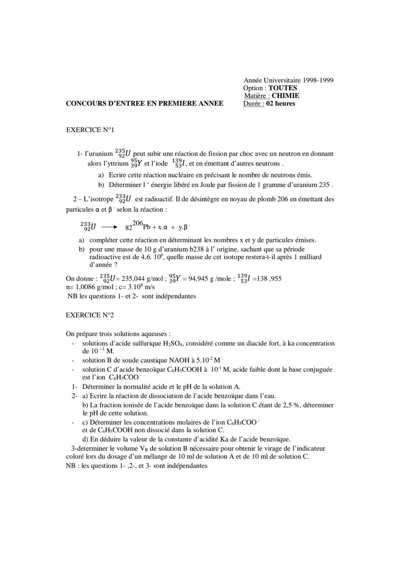 Sujet chimie concours ESPA Polytechnique Antananarivo session 1998 (page 1/2)