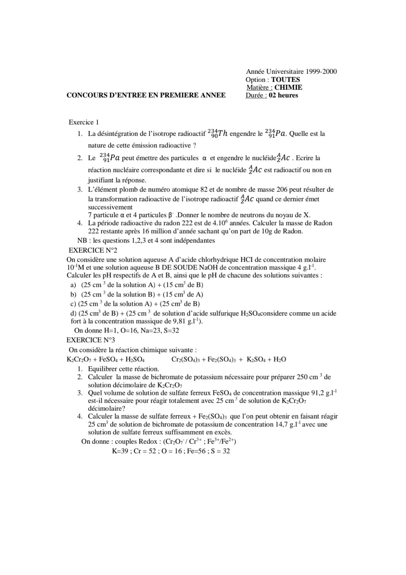 Sujet chimie concours ESPA Polytechnique Antananarivo session 1999