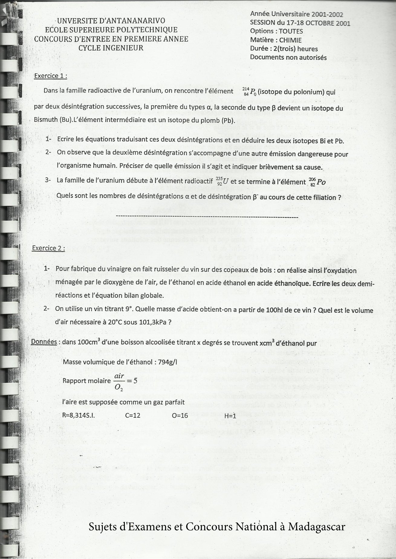 Sujet chimie concours ESPA Polytechnique Antananarivo session 2001