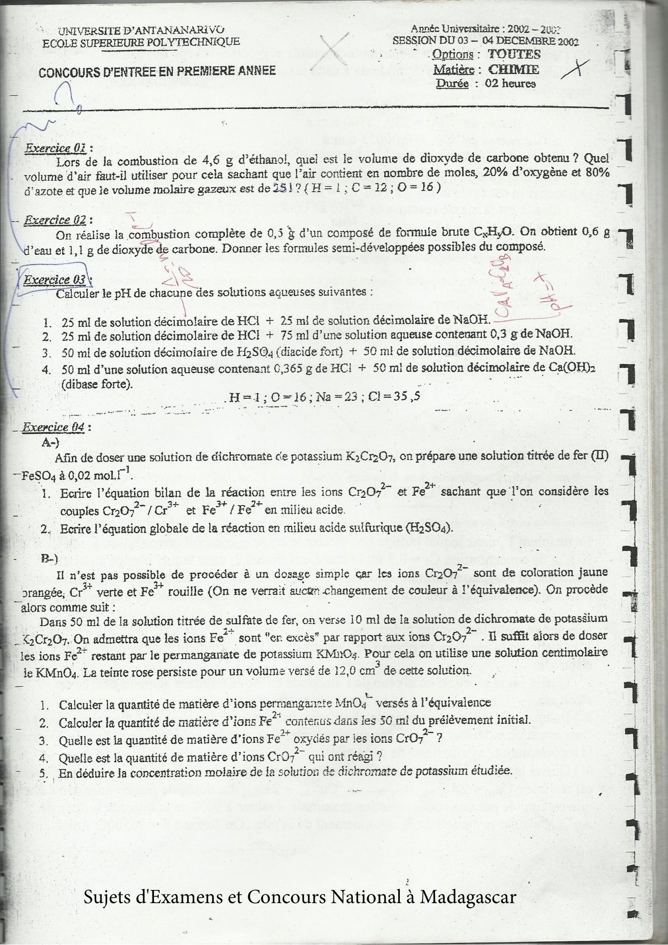 Sujet chimie concours ESPA Polytechnique Antananarivo session 2002