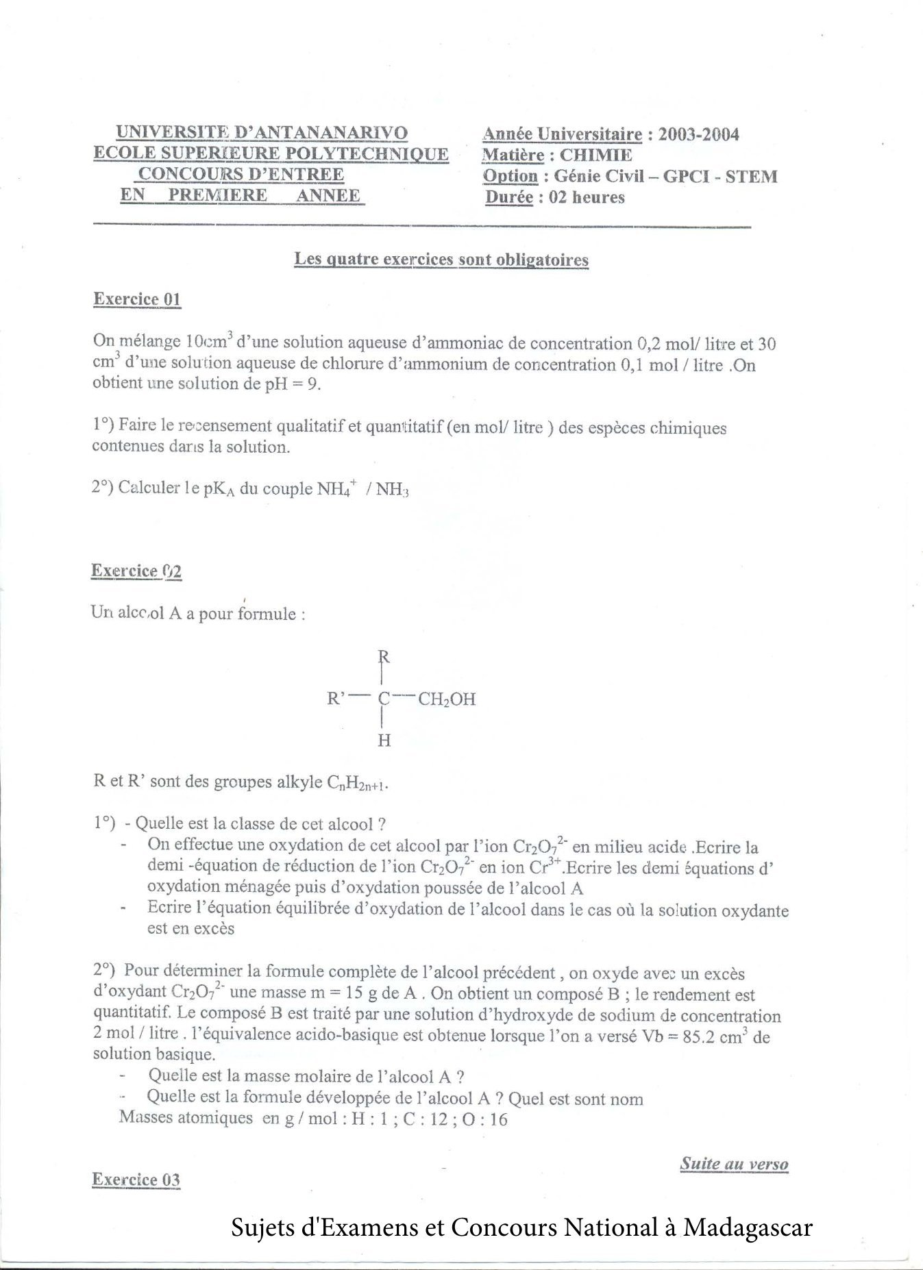 Sujet chimie concours ESPA Polytechnique Antananarivo session 2003