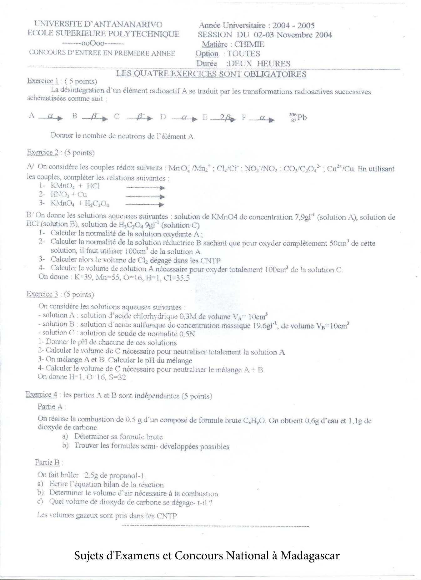Sujet chimie concours ESPA Polytechnique Antananarivo session 2004