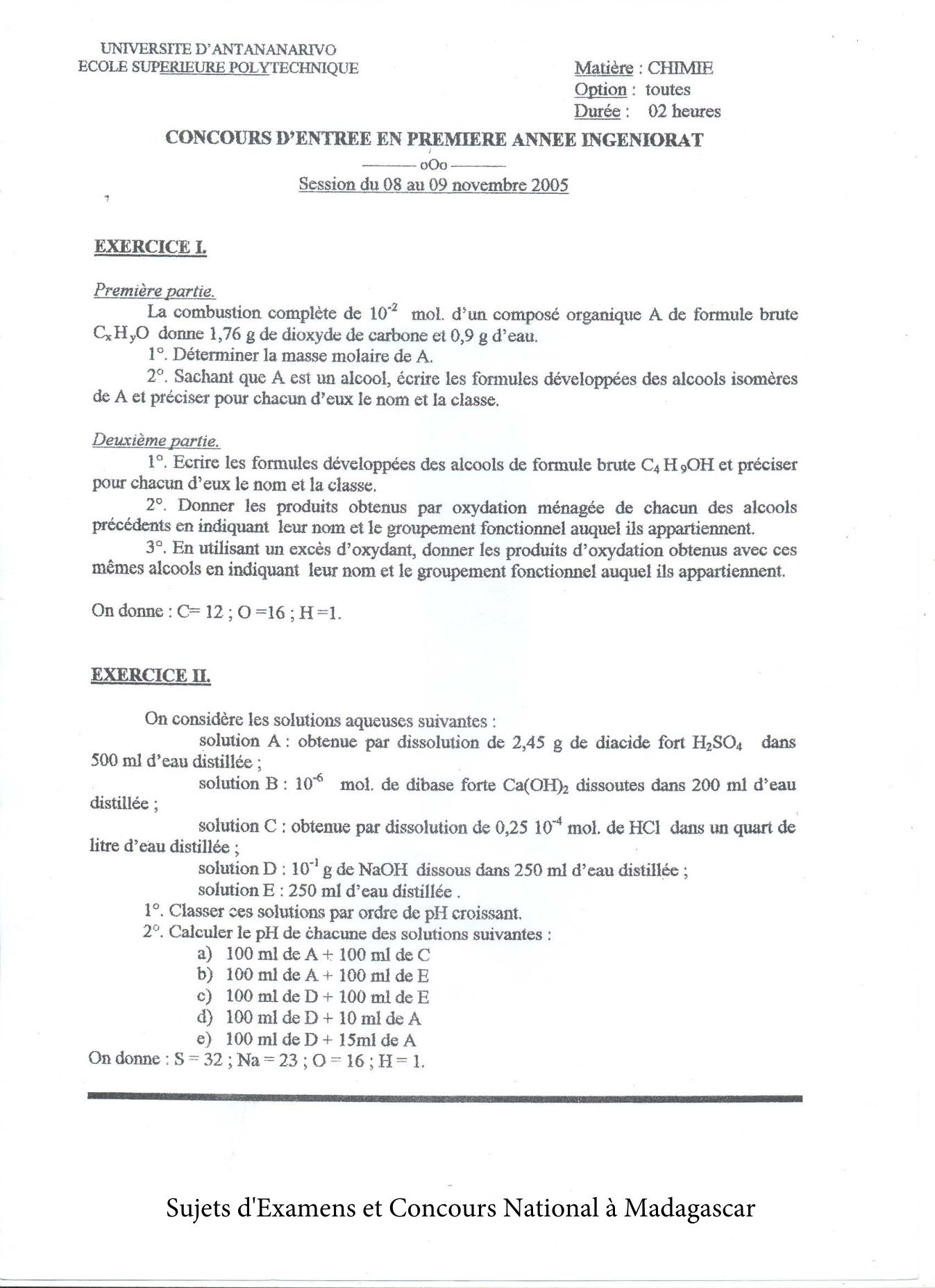 Sujet chimie concours ESPA Polytechnique Antananarivo session 2005