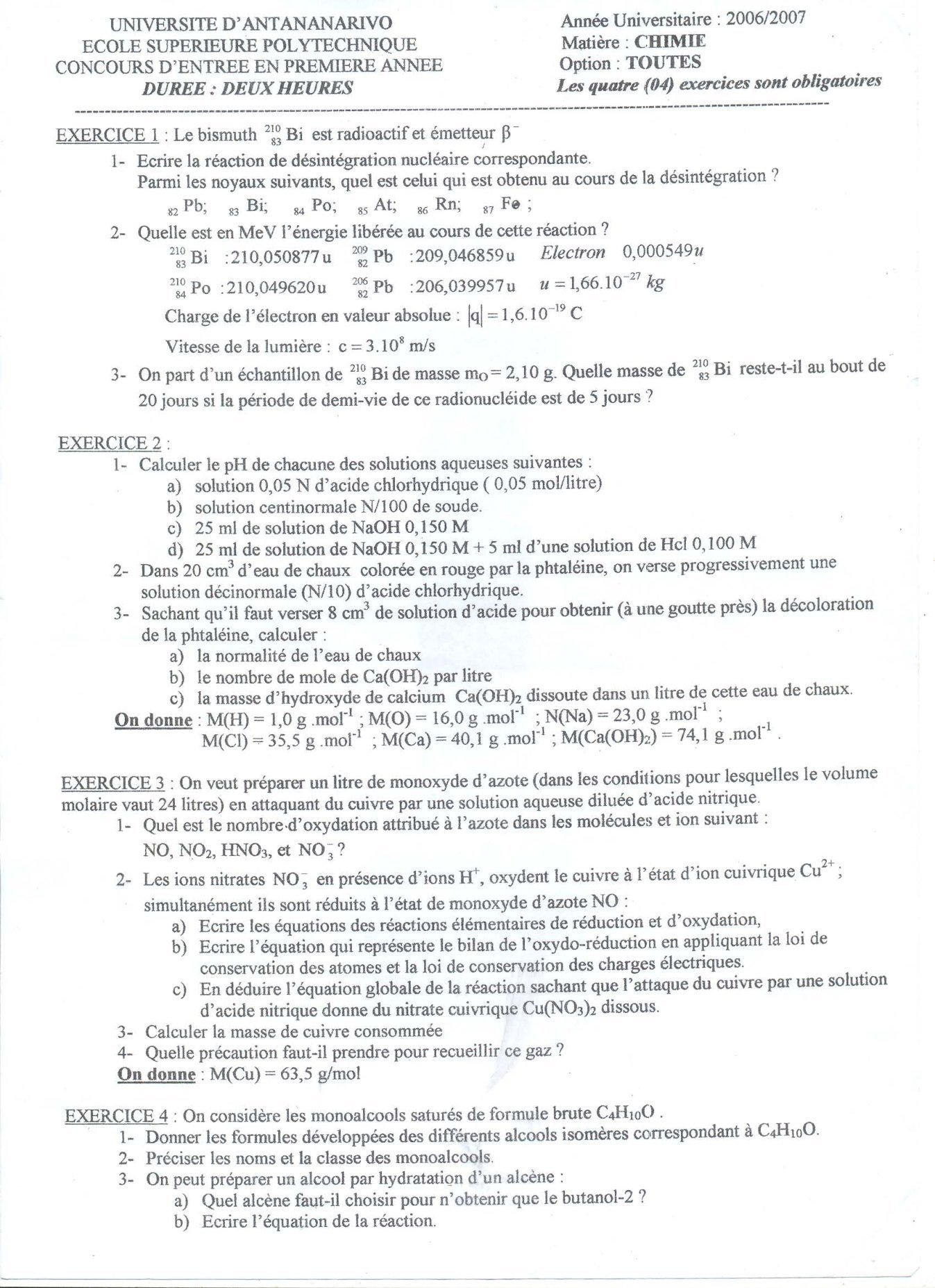 Sujet chimie concours ESPA Polytechnique Antananarivo session 2006