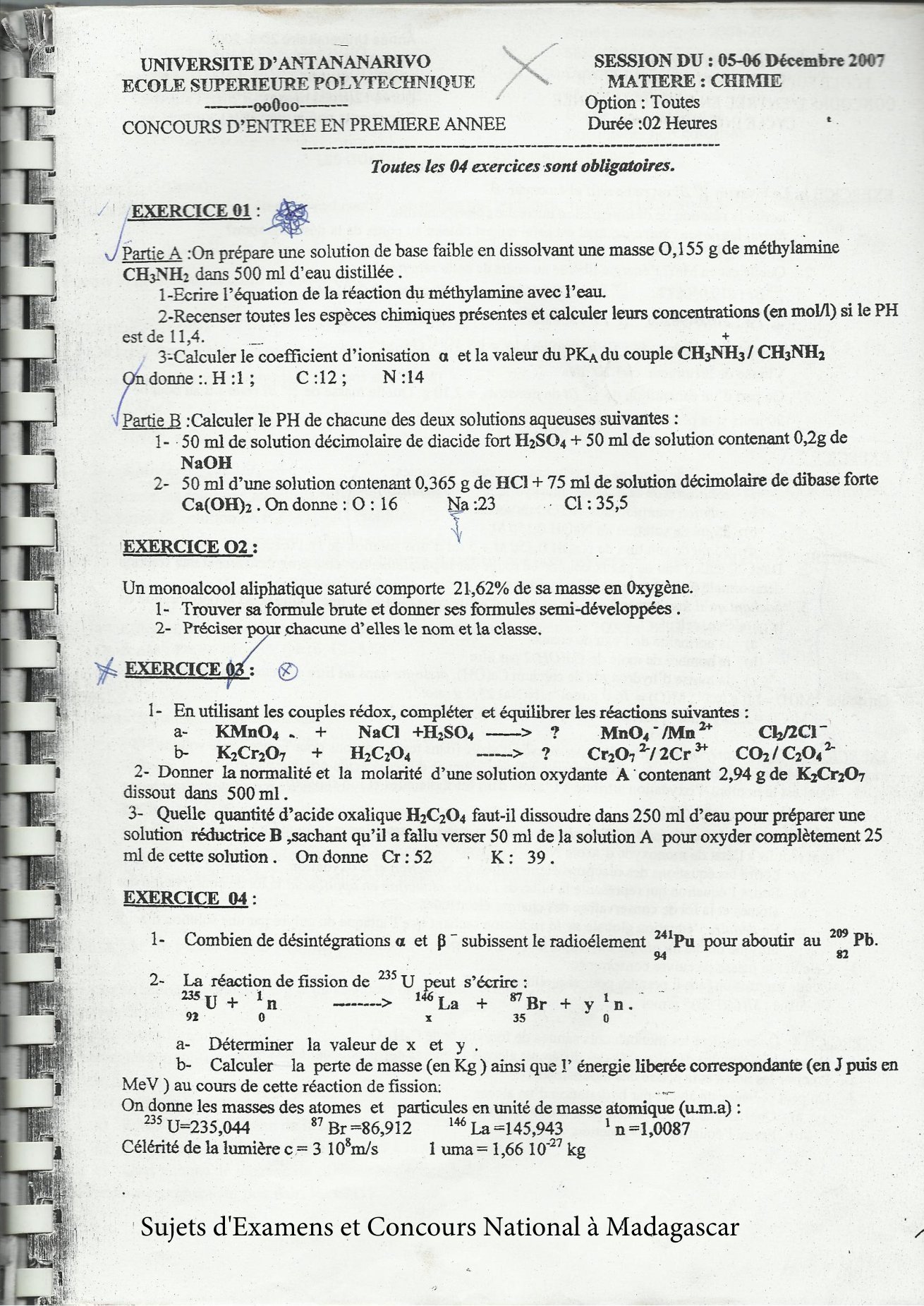 Sujet chimie concours ESPA Polytechnique Antananarivo session 2007