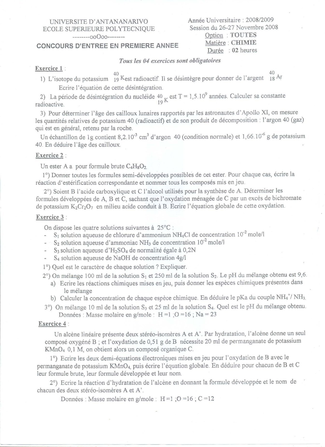 Sujet chimie concours ESPA Polytechnique Antananarivo session 2008