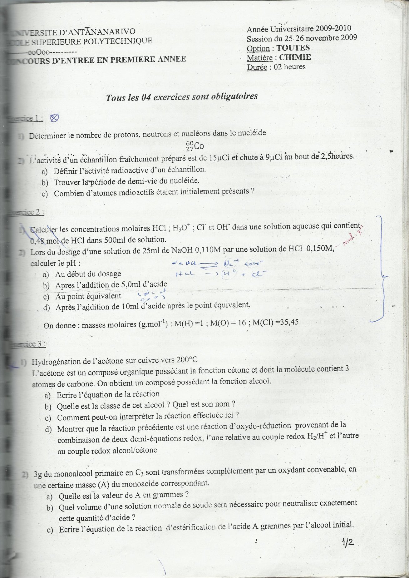Sujet chimie concours ESPA Polytechnique Antananarivo session 2009