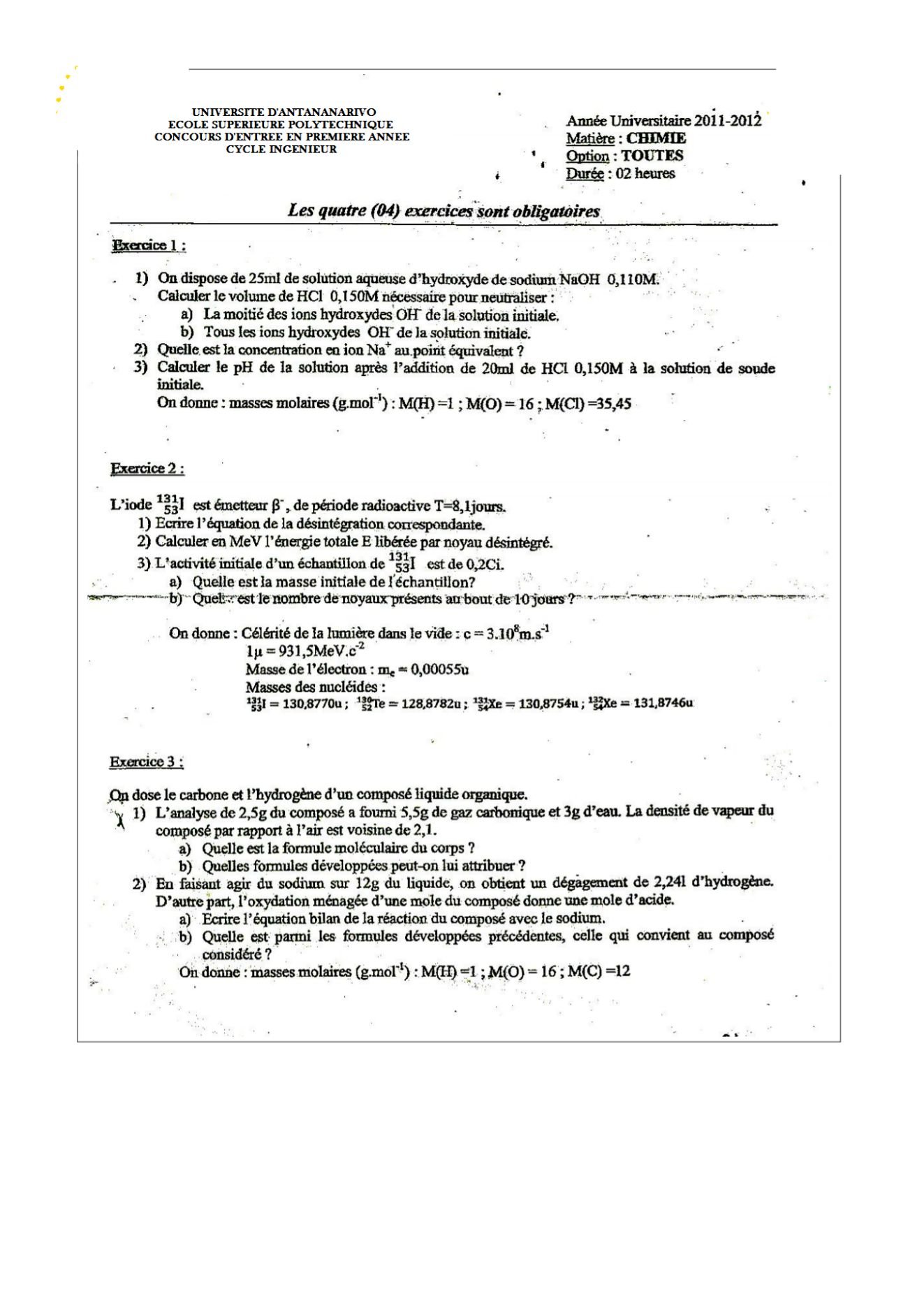 Sujet chimie concours ESPA Polytechnique Antananarivo session de décembre 2011 (page 1/2)